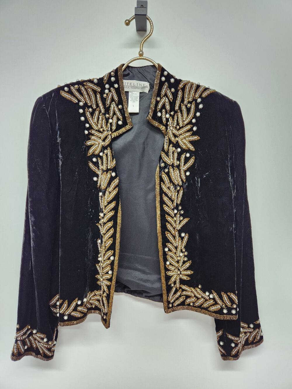 Vtg. Niteline Della Roufogali Black/Gold Silk Velvet Beaded Blazer Jacket, Sz Lg